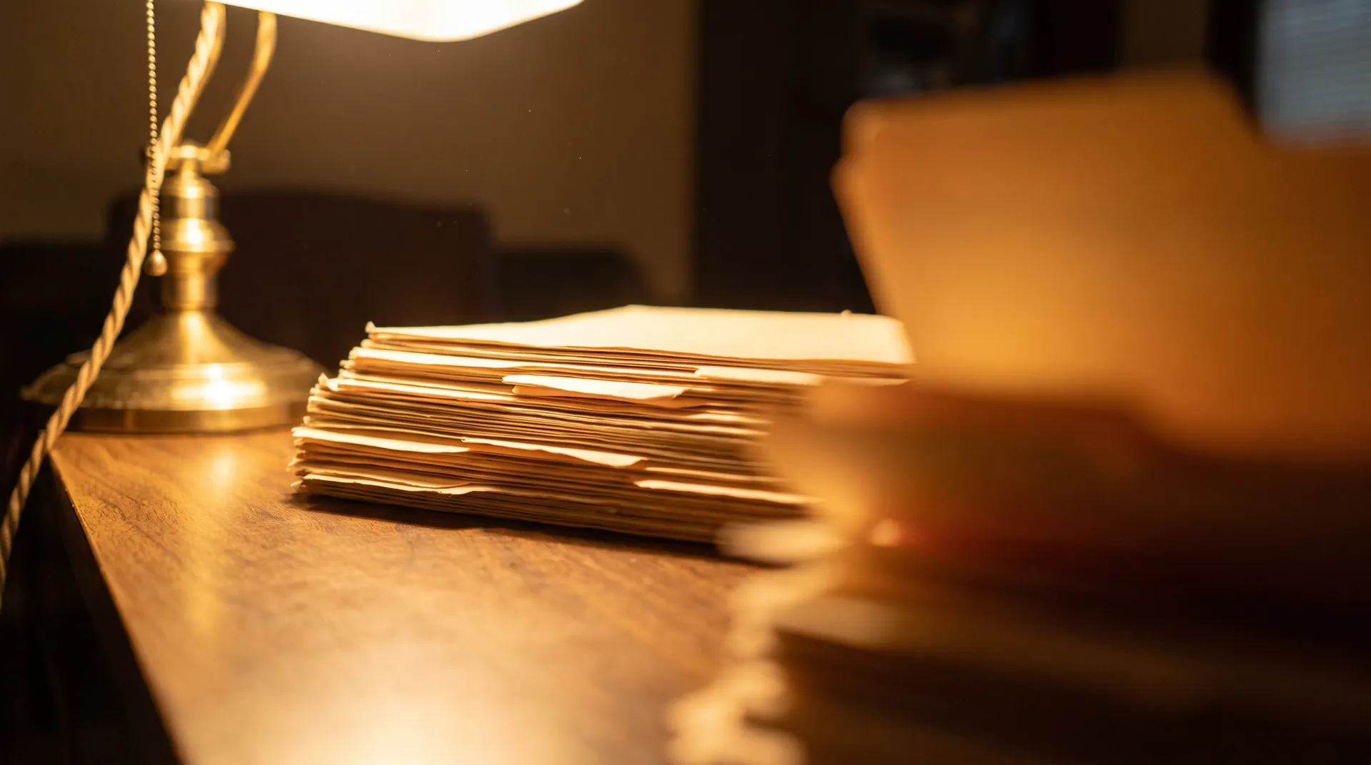 A stack of tabbed manila case folders on a walnut table under a warm desk lamp.