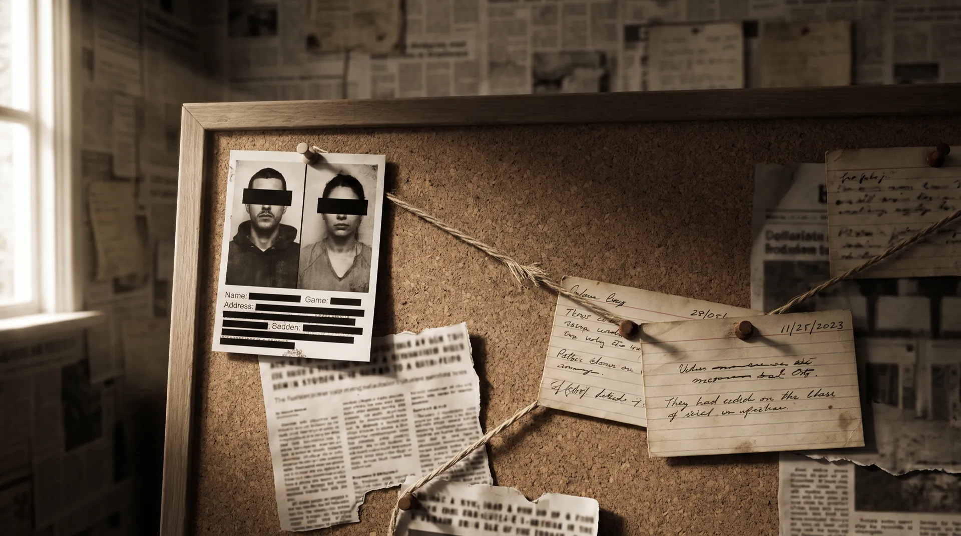 A cork evidence board with pinned photographs, index cards and string connecting them.
