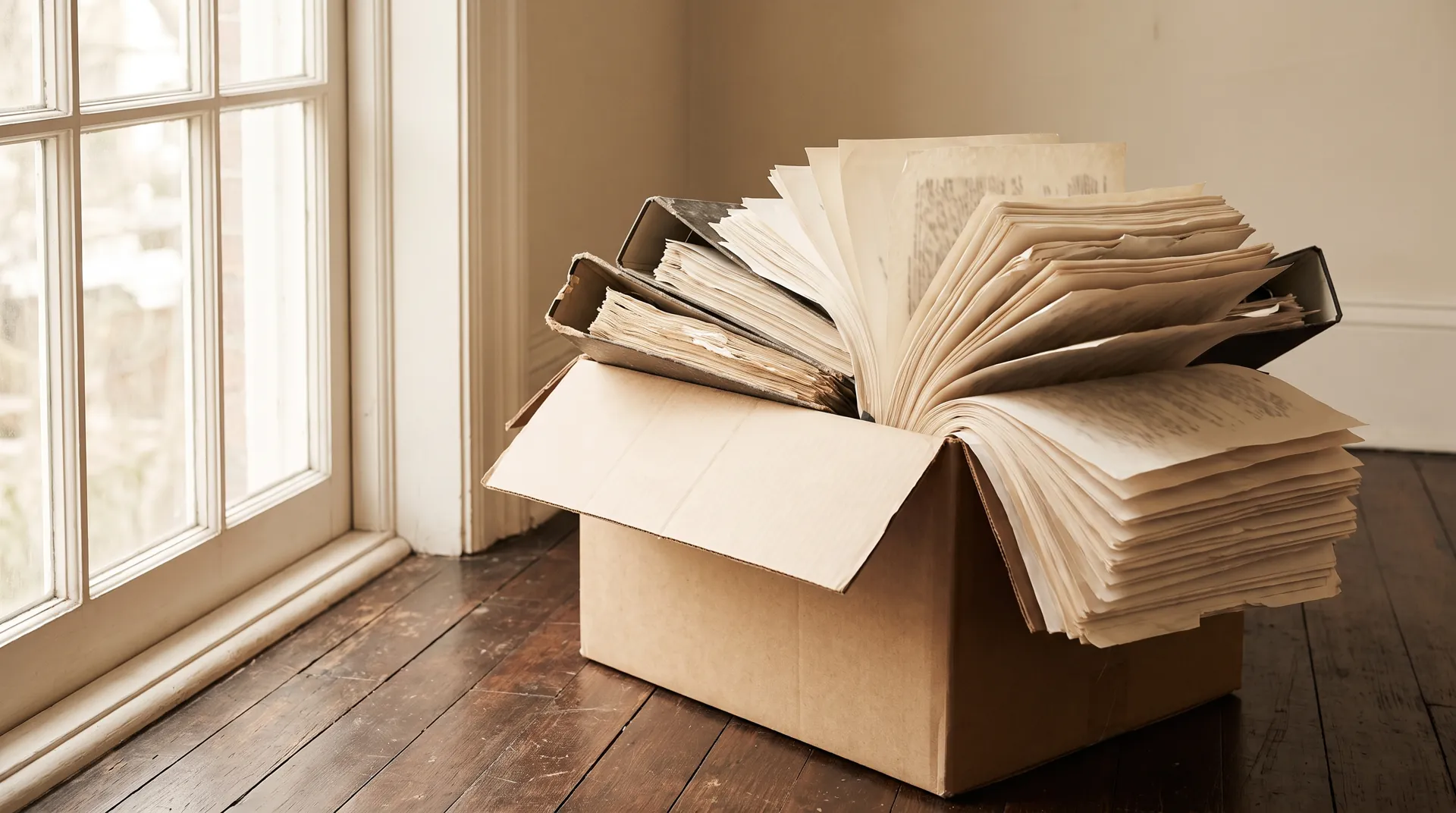 An open banker's box overflowing with case binders and papers beside a tall window.