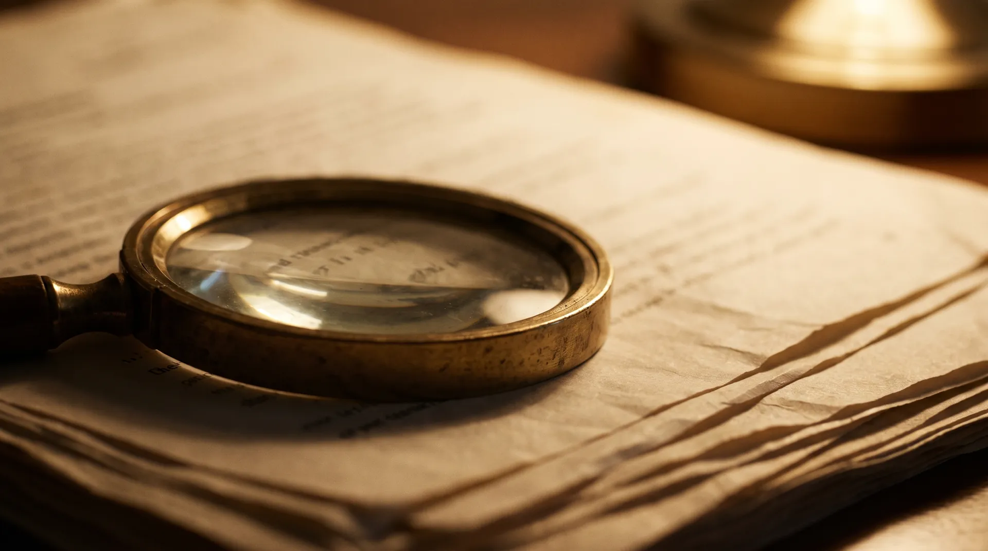A brass magnifying glass resting on a spread of document pages in warm light.