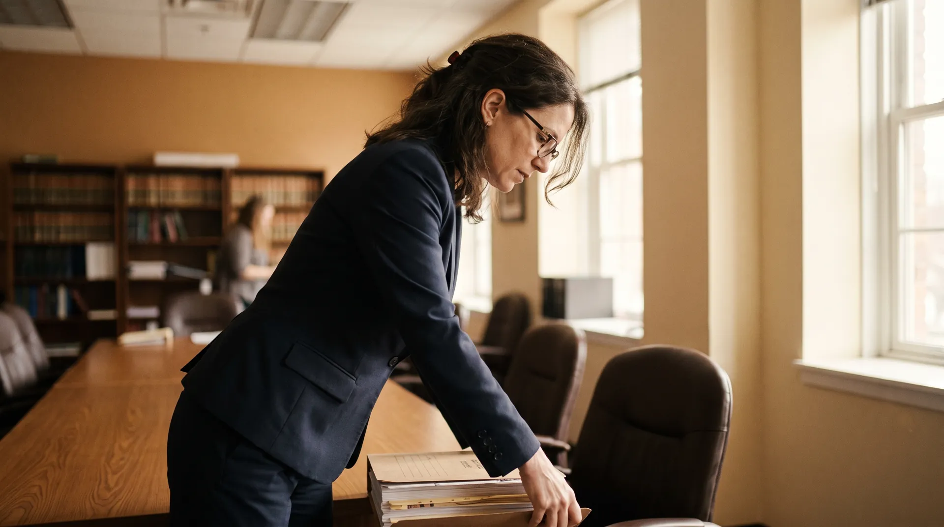 A litigation attorney reviewing a case file in a firm library.